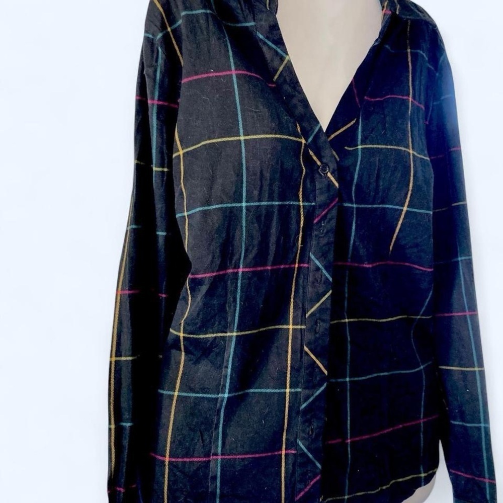 New York & Company Black Multicolored Plaid Shirt L
